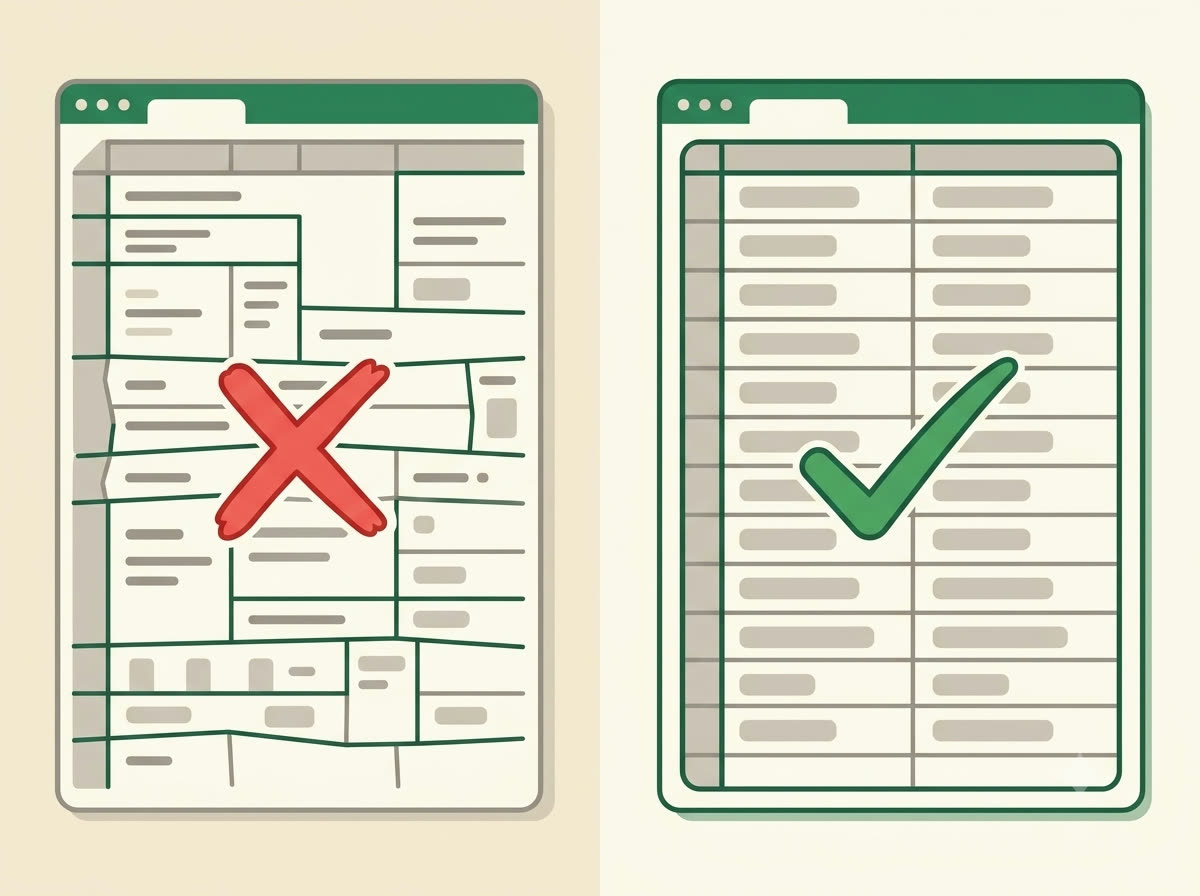 Diagram contrasting a messy lead spreadsheet with merged cells against a clean two-column sheet