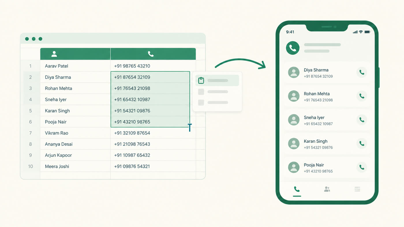 A clean two-column Google Sheet of names and phone numbers being pasted into a calling app
