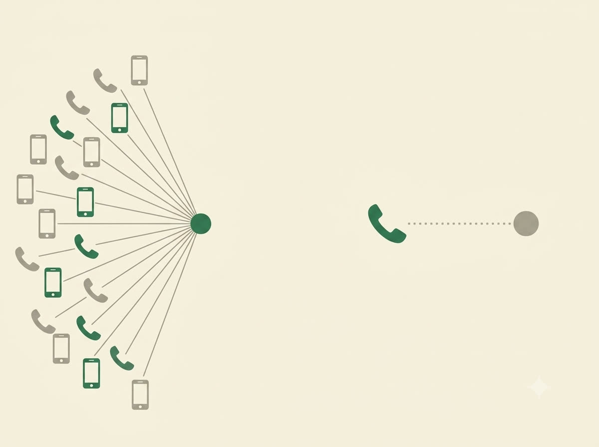 Diagram contrasting a bulk call center telemarketing operation against one person calling from a personal phone